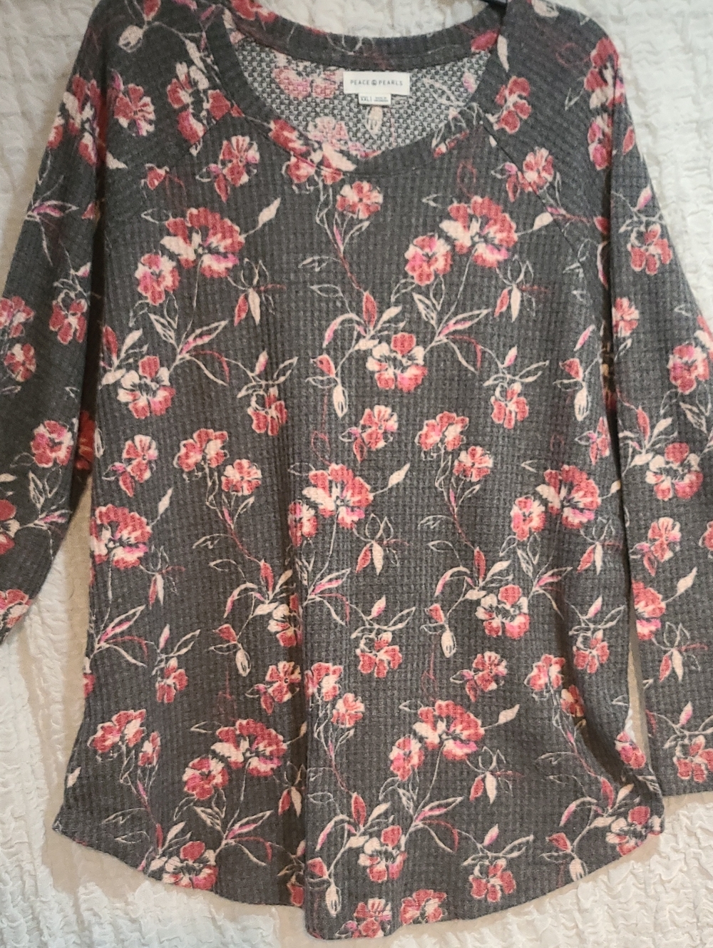 Floral Waffle-Knit Tunic Top XXL Charcoal W Pink Blooms EUC Soft Stretch